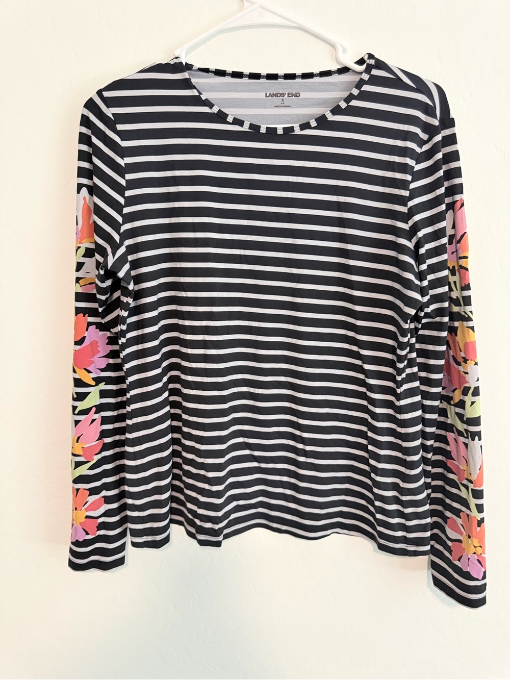 Lands' End Black and White Striped Long-Sleeve Top with Pink Floral Sleeves